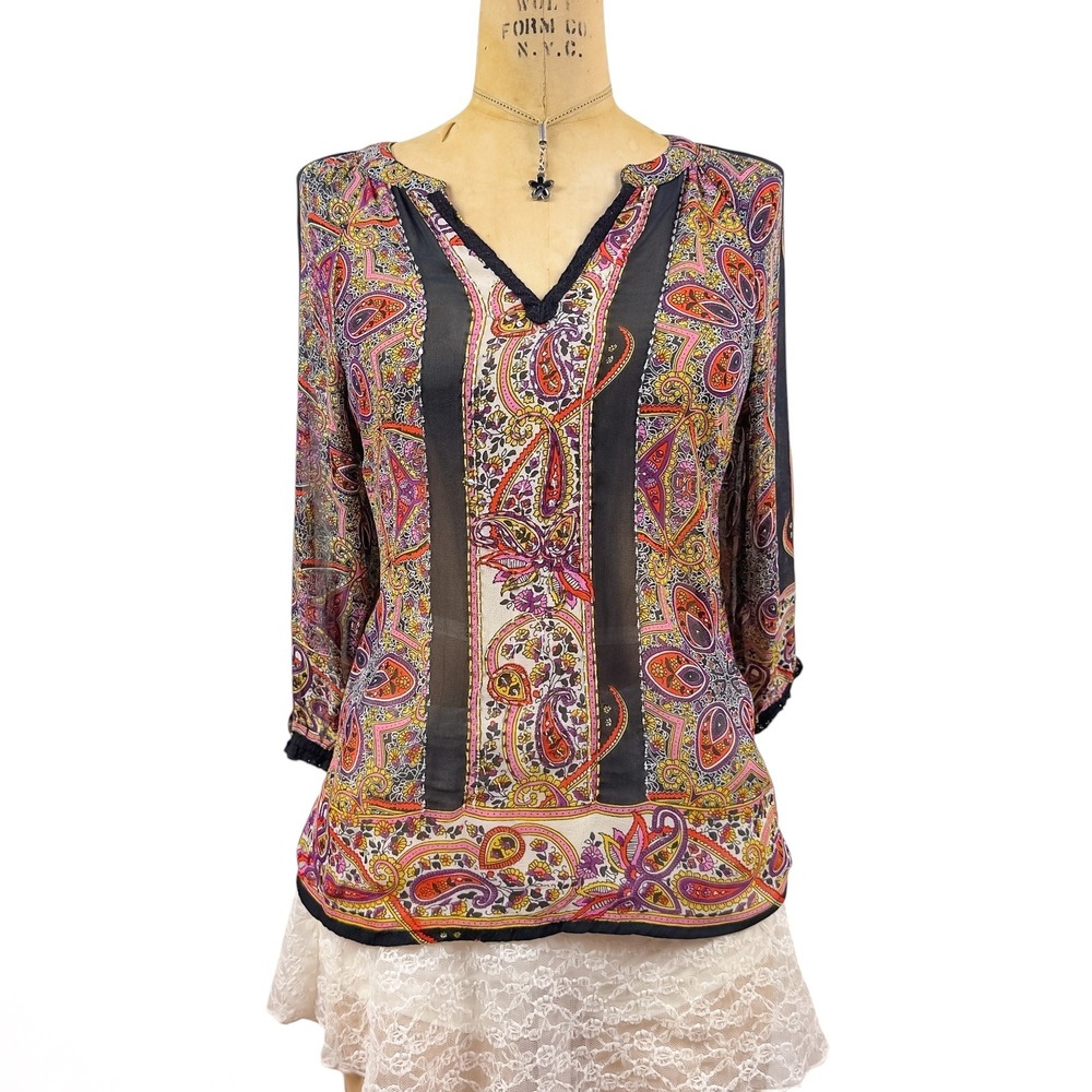 Vtg Boho Multicolor Paisley Sheer Blouse Rayon Sequin Embroidery Hippie Retro S